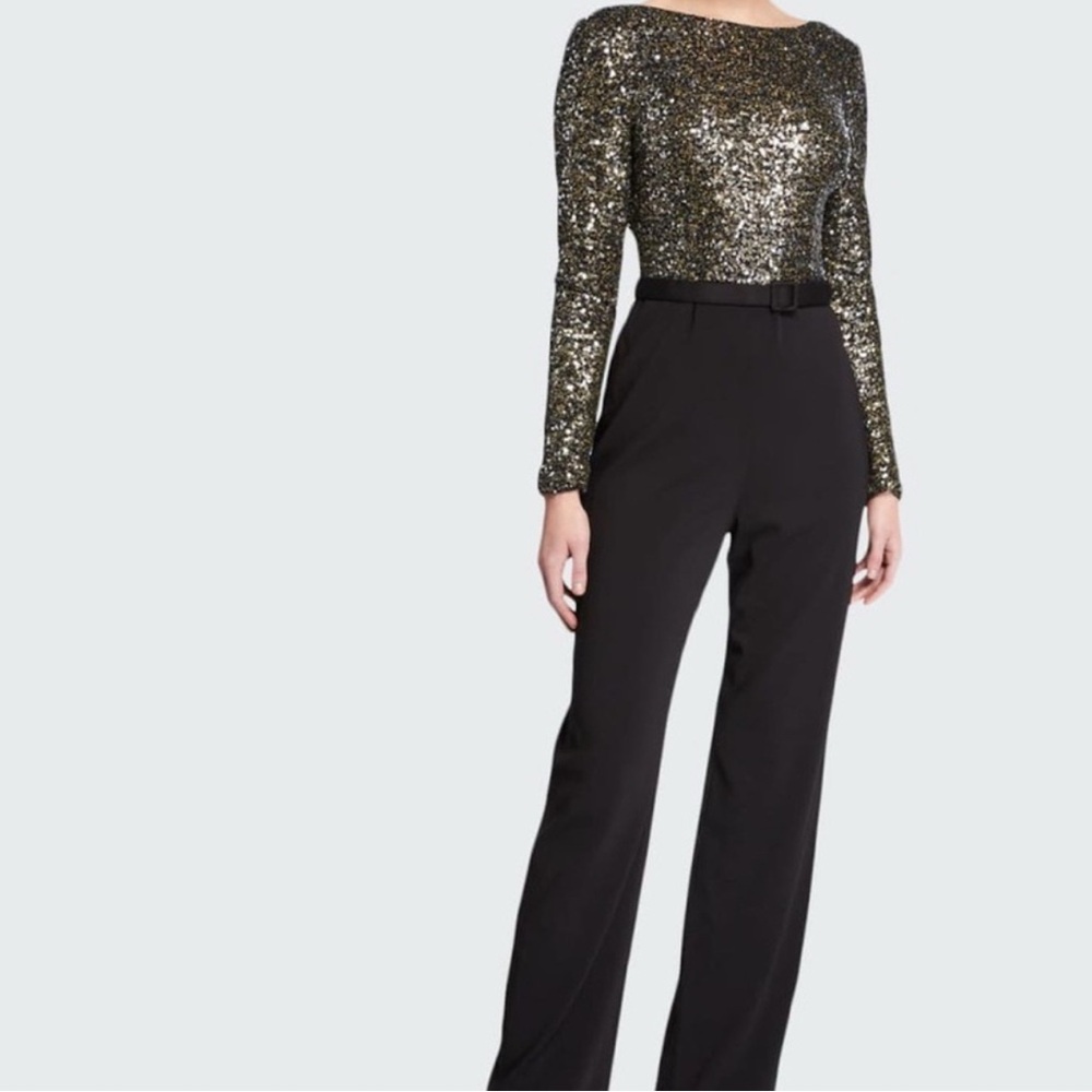 Badgley Mischka Black and Gold Sequin jumpsuit